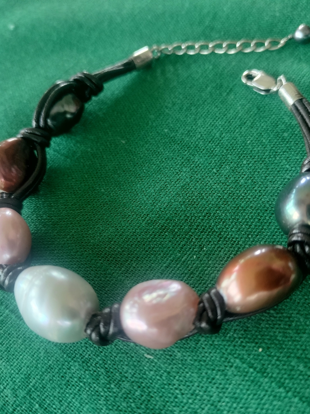 Freshwater Pearl Multi-Color On Leather Bracelet With Sterling Clasp Pink Bronze